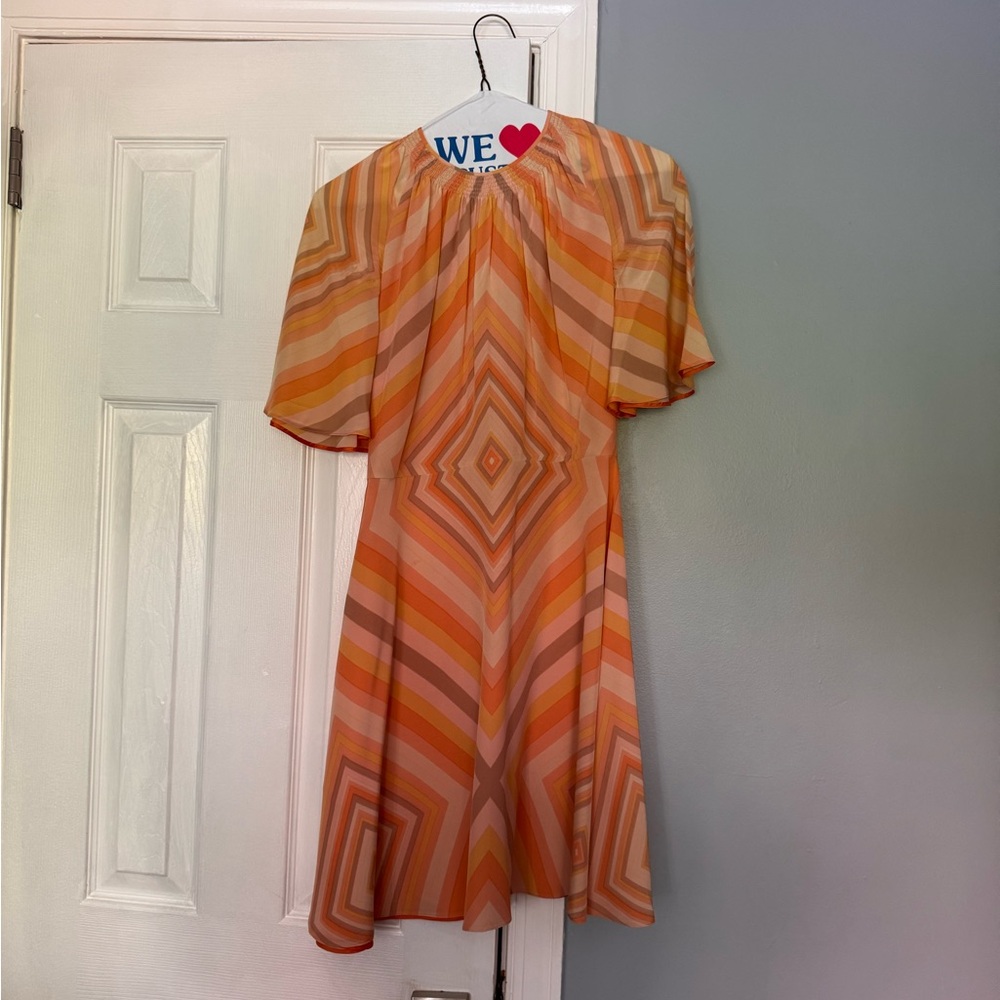 Valentino Orange 100% silk high neck short sleeve flowy retro  Geo Print Dress